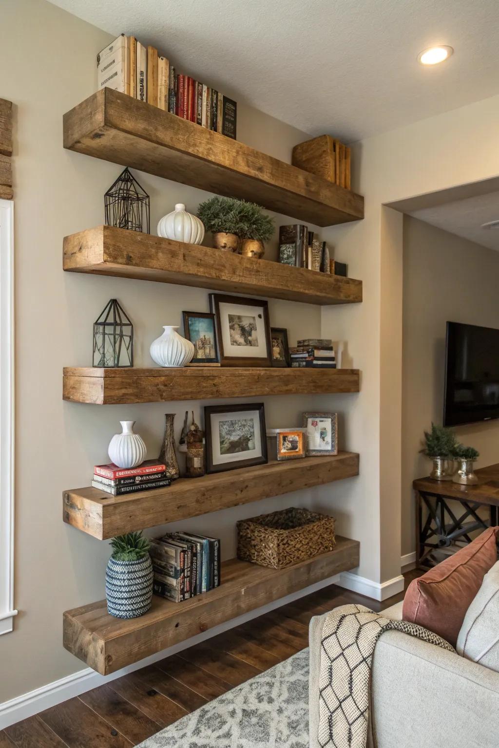 Rustic charm with reclaimed wood shelves.