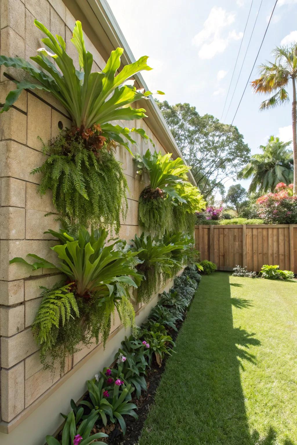 An exterior wall transformed into a green oasis with staghorn ferns.