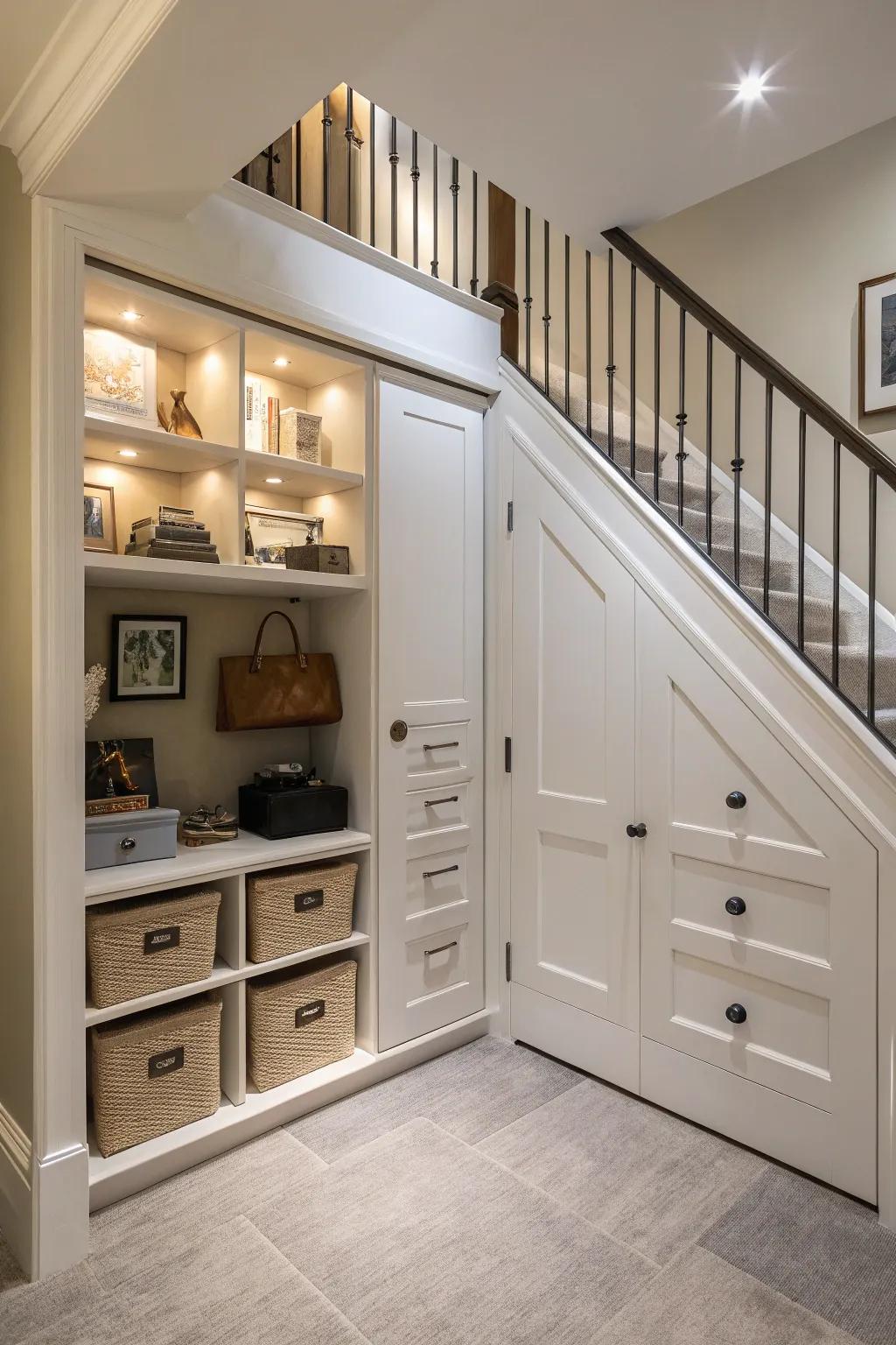 Paneled under-stair storage is both stylish and practical.