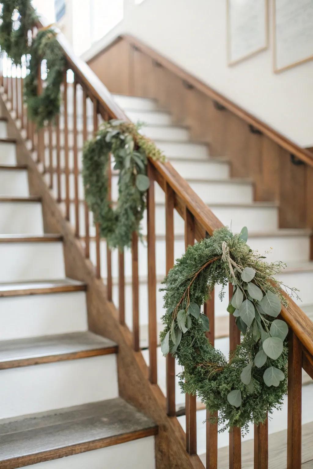 Small eucalyptus wreaths add a touch of elegance to the staircase.