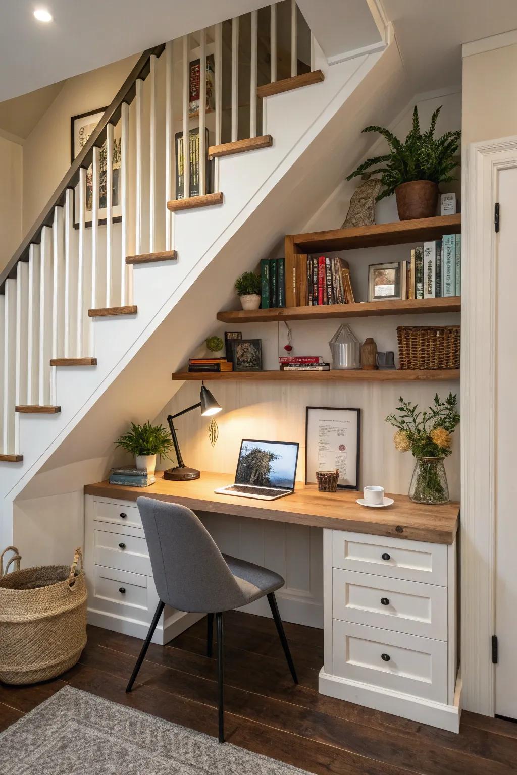 Design a perfect work-from-home area beneath your staircase.