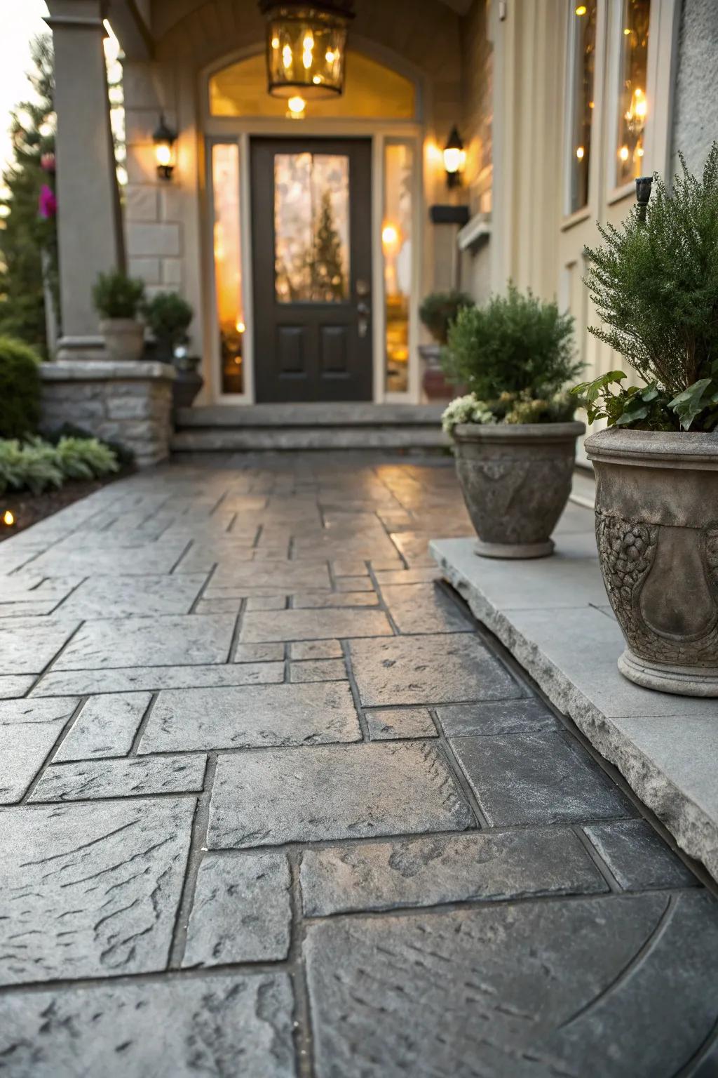 Stone-patterned concrete brings classic elegance to this entryway.