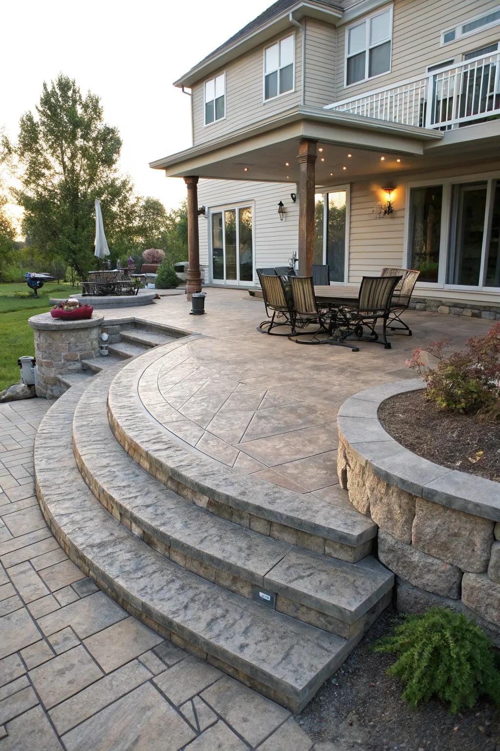 A dynamic multi-level stamped concrete patio.