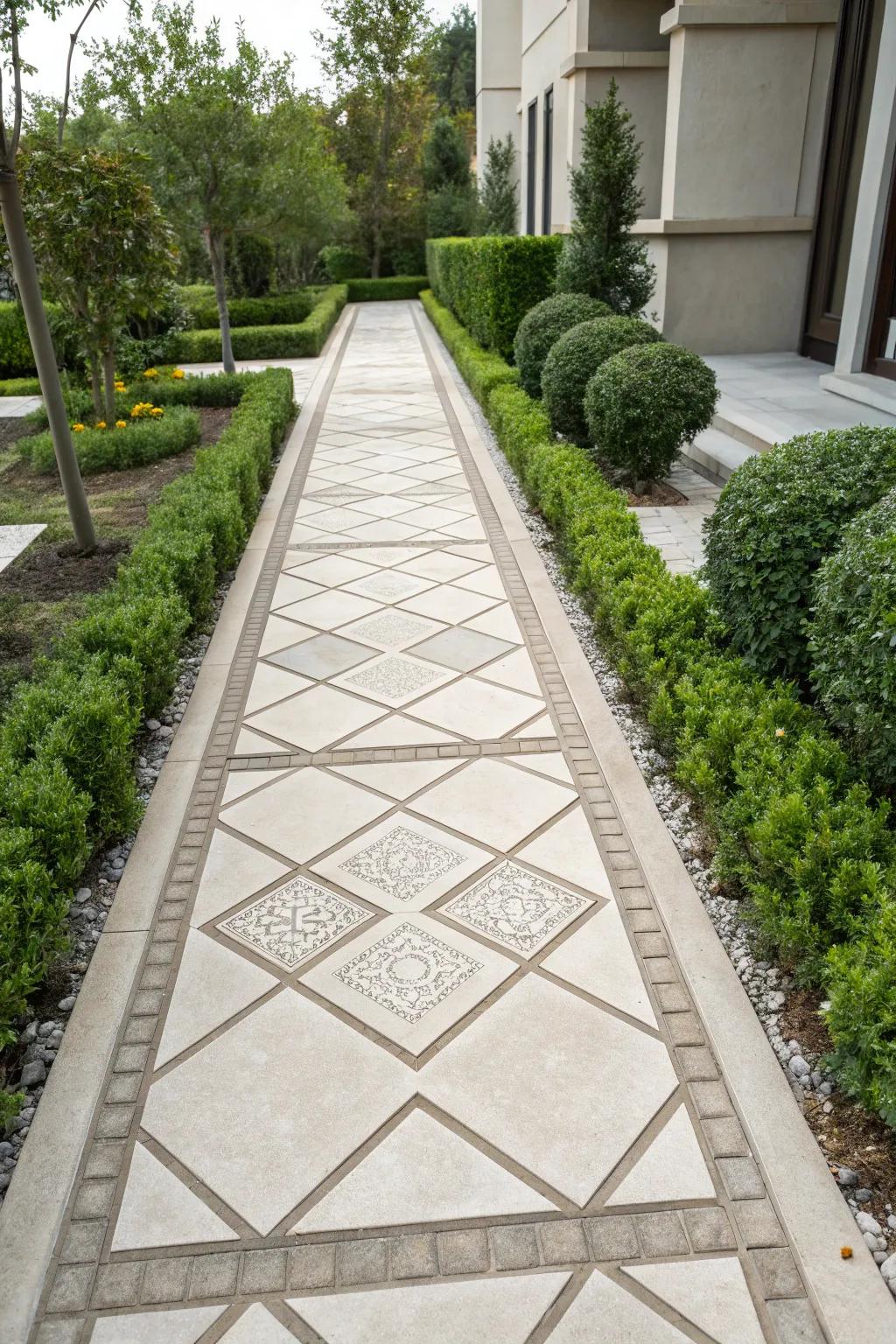 Introduce modern flair with a geometric-patterned path.