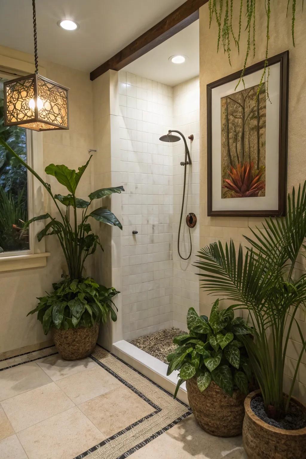 Decorative touches bring personality and warmth to a standup shower.