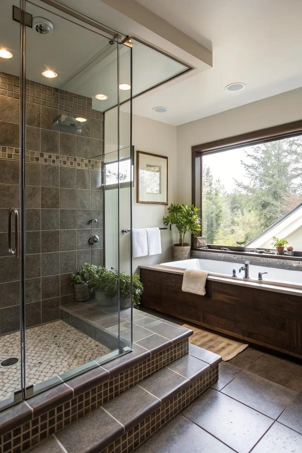 A bathroom showcasing a step-down shower alongside a bathtub for added flexibility.