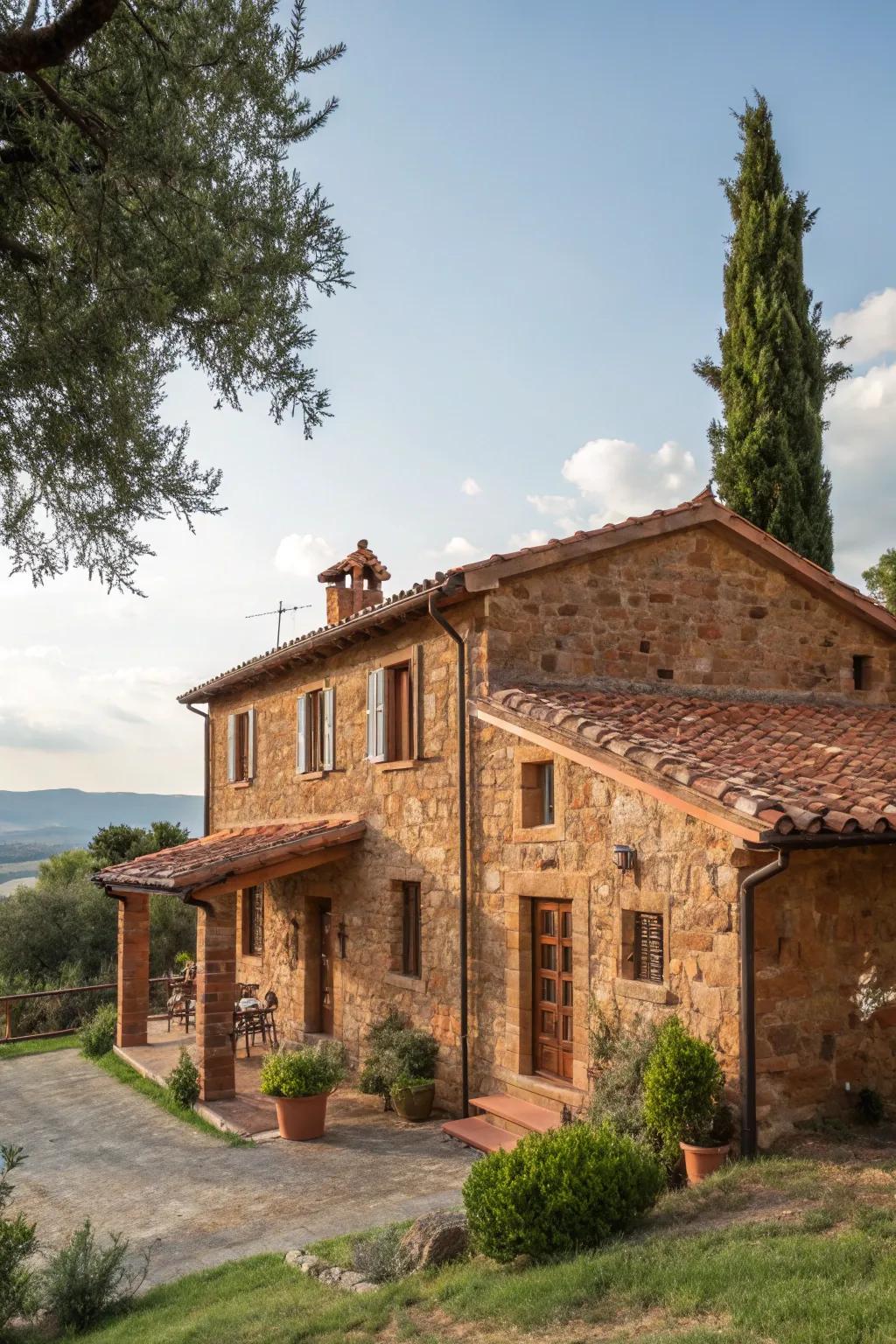 Comforting rustic feel achieved by using terracotta brick and sandstone.