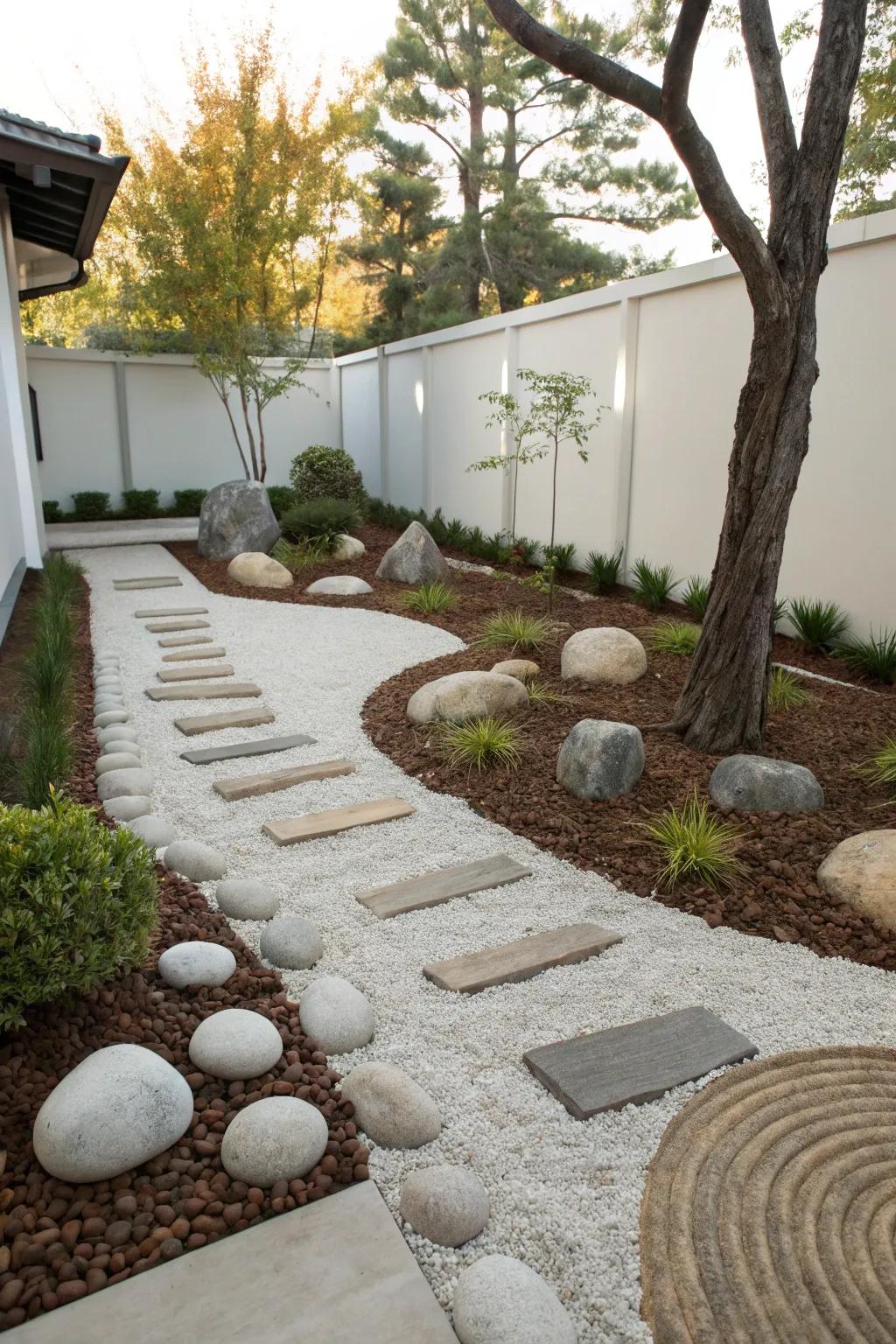 Embrace simplicity with minimalist stone and mulch layouts.