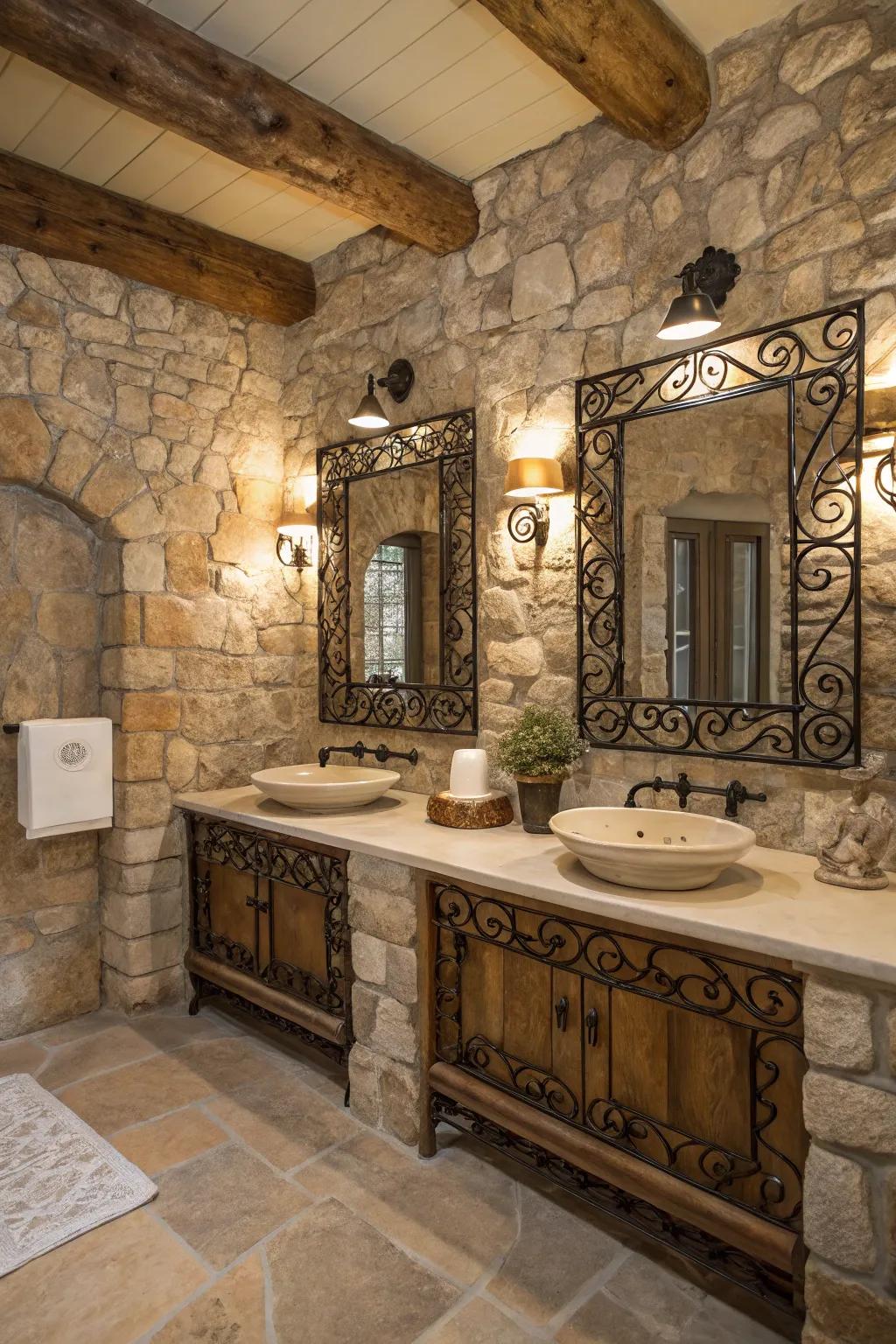 A stone bathroom showcasing country accents, like wrought iron mirrors.