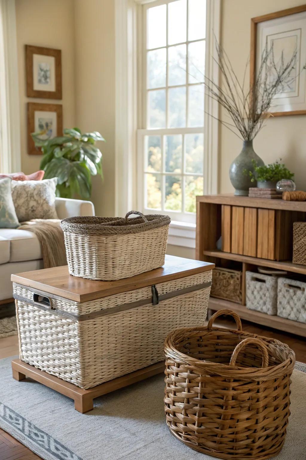 The living room features woven baskets used for storage.