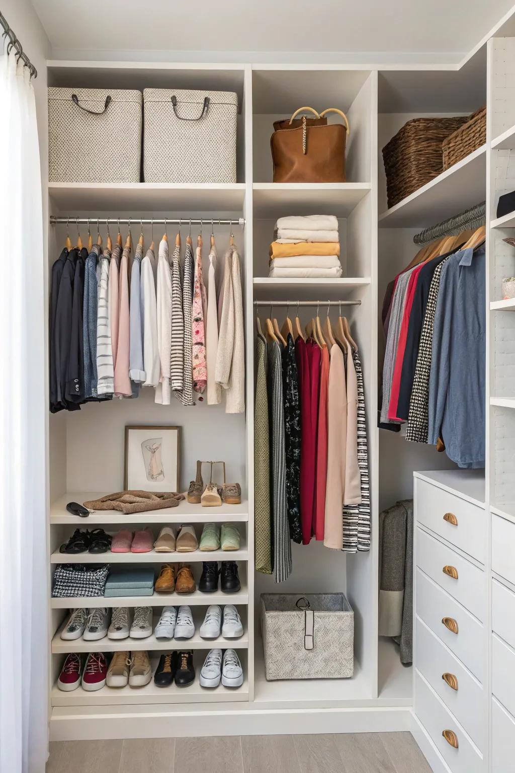 A well-organized closet featuring shelves and hanging storage solutions.