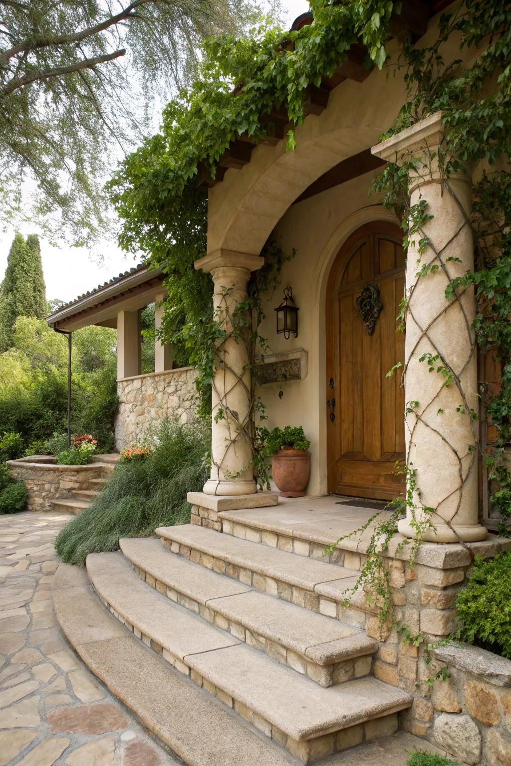 Natural stone accents incorporate a sense of beauty and elegance to this stucco porch.