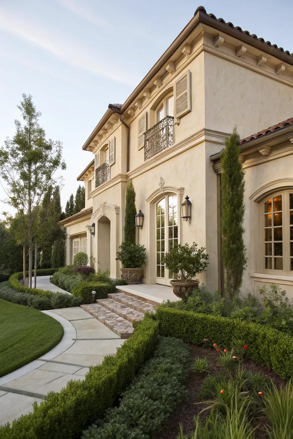 Crown stones add traditional elegance to this detailed stucco home.