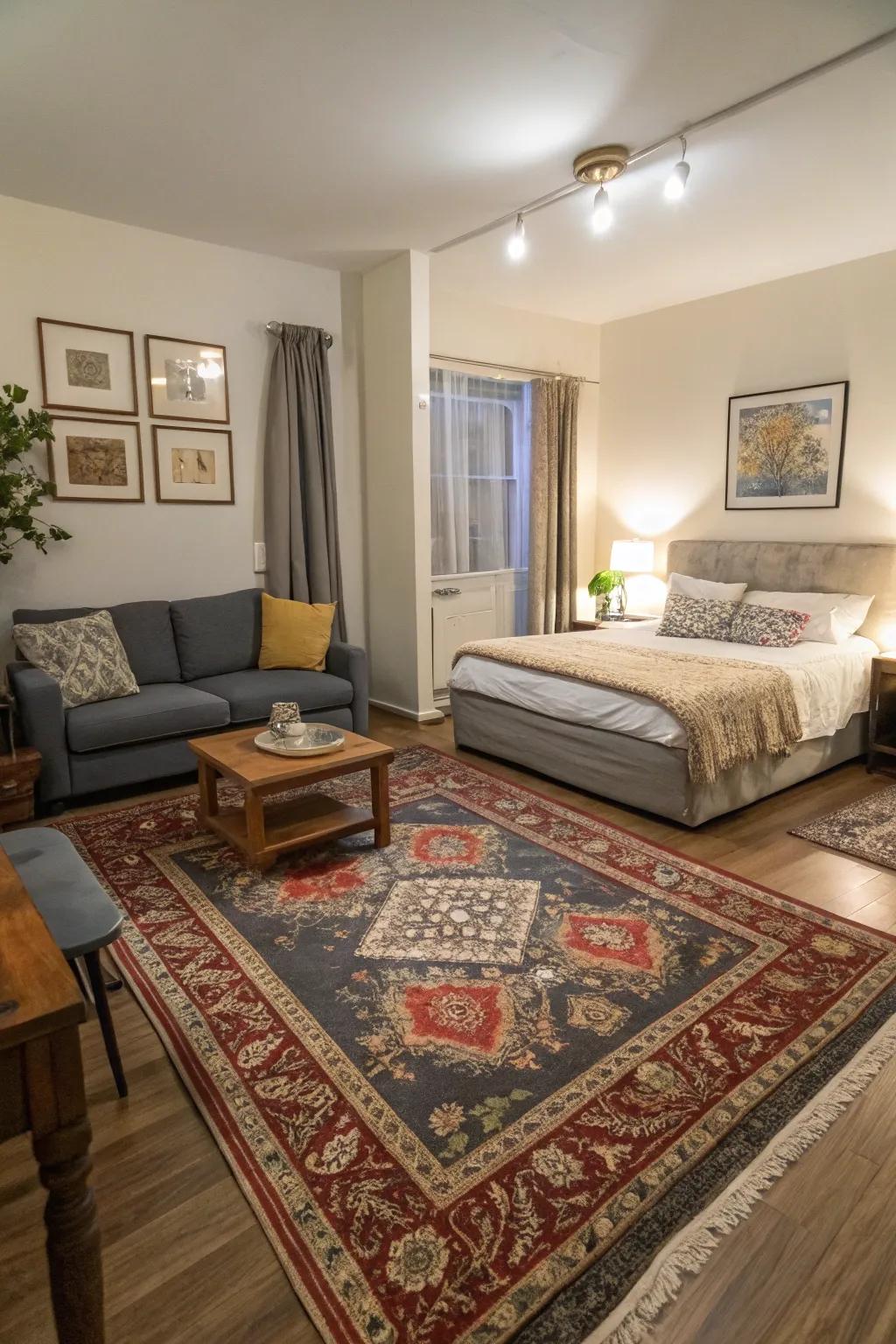 Rugs define areas, adding warmth and structure to the design.