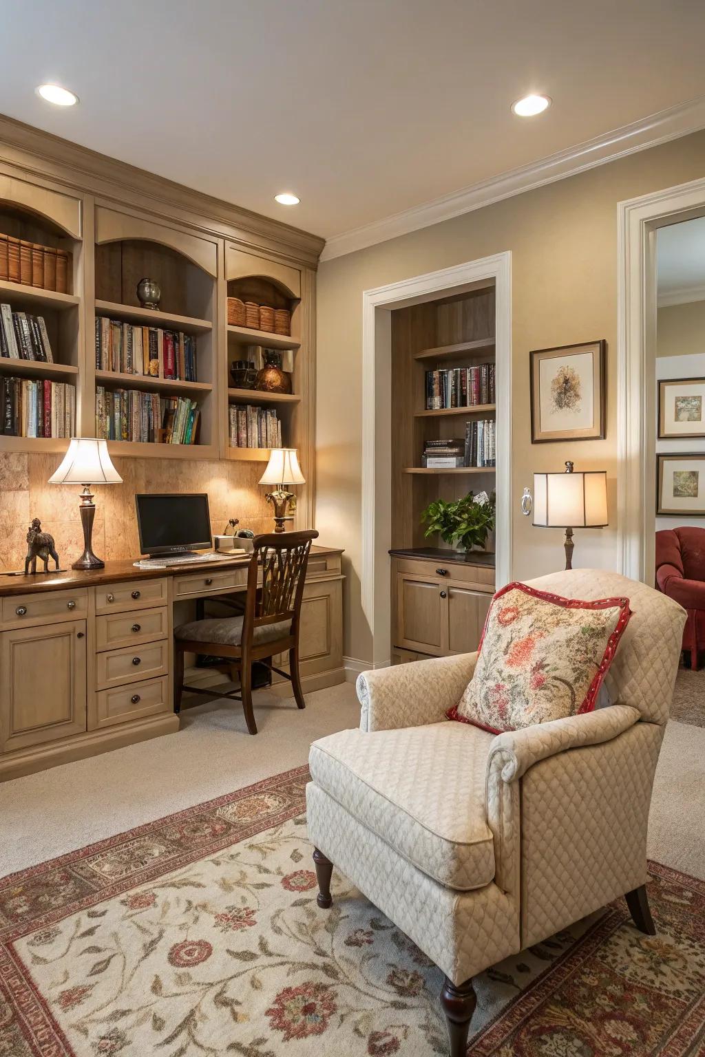 Color coordination establishes a cohesive appearance.