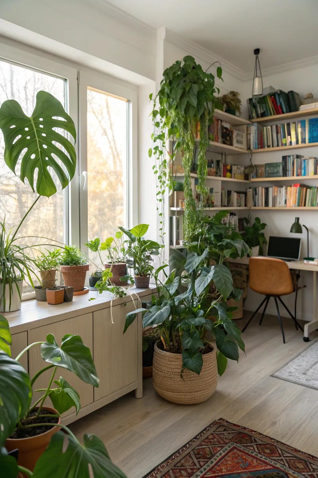 Indoor plants add vitality and serenity to the study area.
