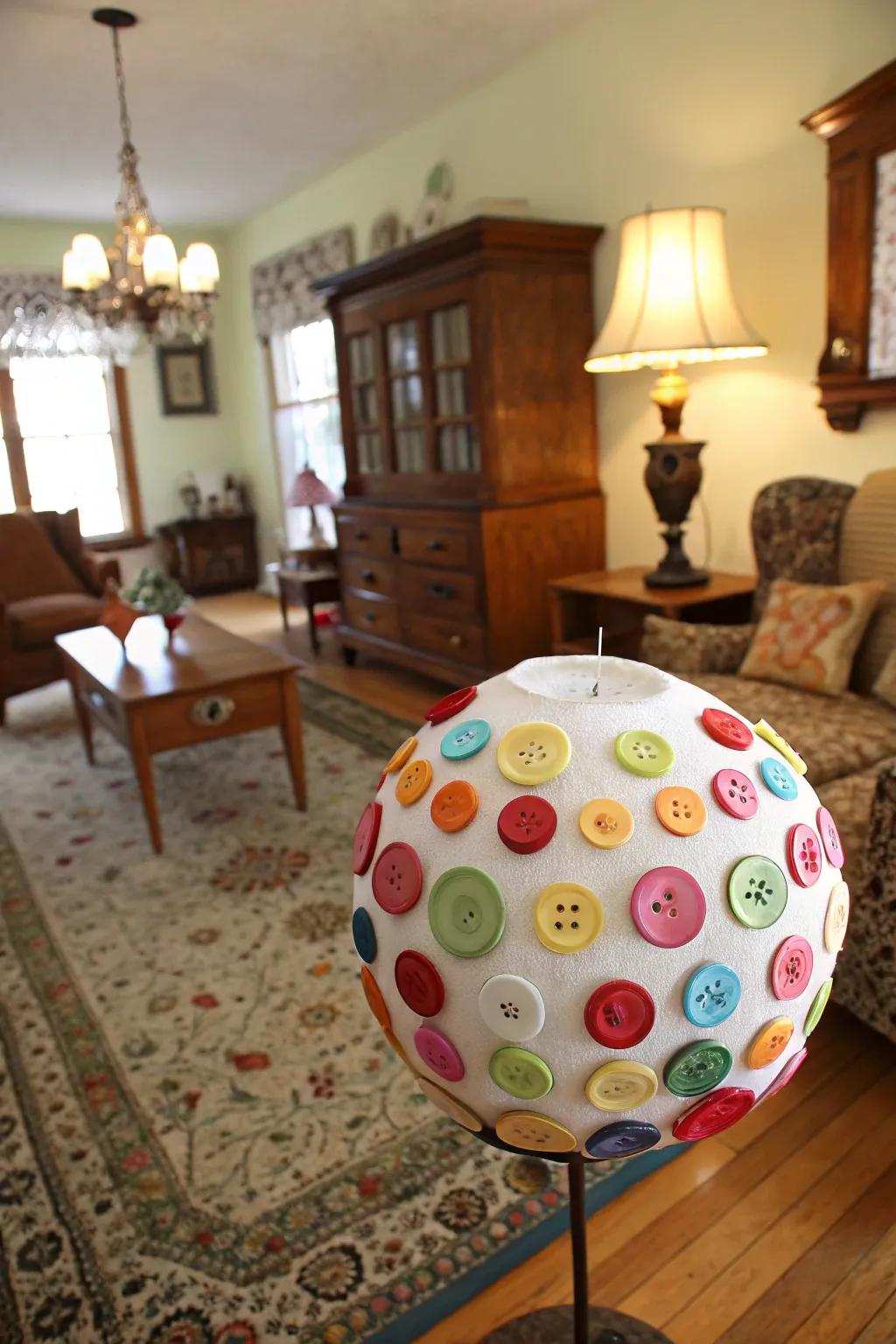 Button-covered ornaments add a playful and tactile element.