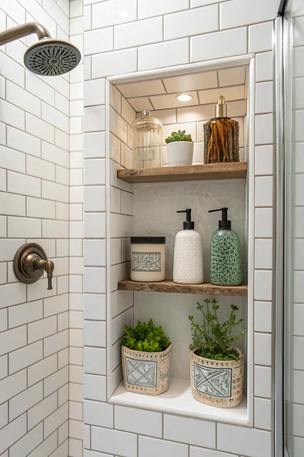 Unique decor pieces inside a personal shower niche.