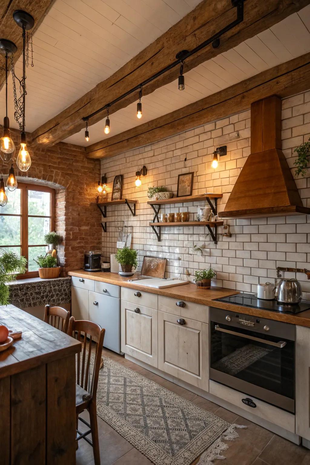 Brick-styled rectangle coverings contribute both warmth and country allure to this cooking space.