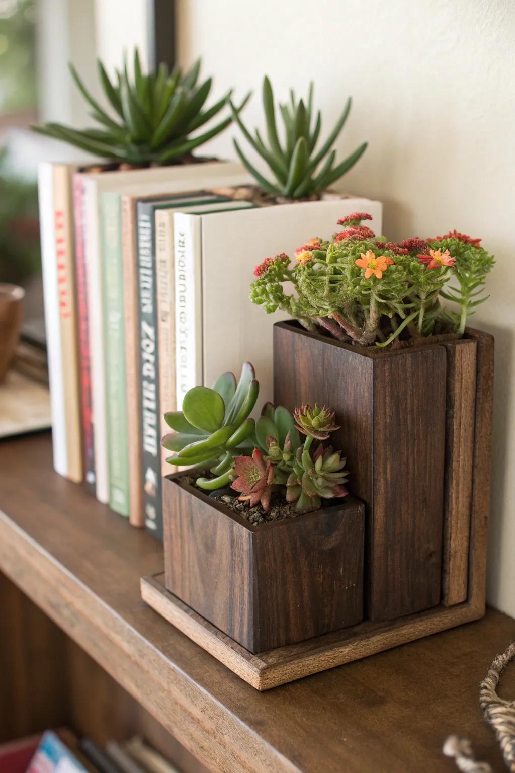 Succulent bookends blend practicality with inherent beauty.