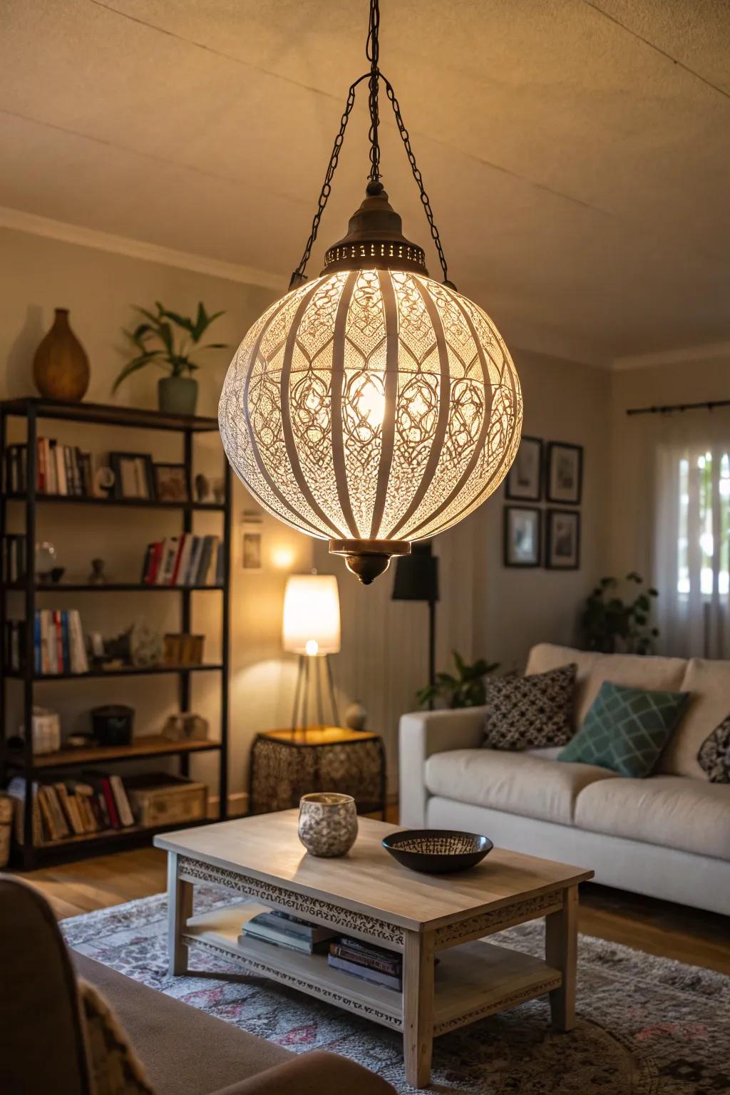 A striking light fixture introduces character and charm.