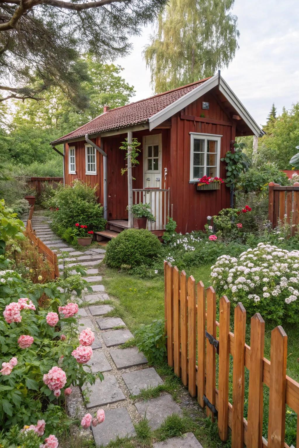 A farmhouse red summer house, radiating warmth and charm.