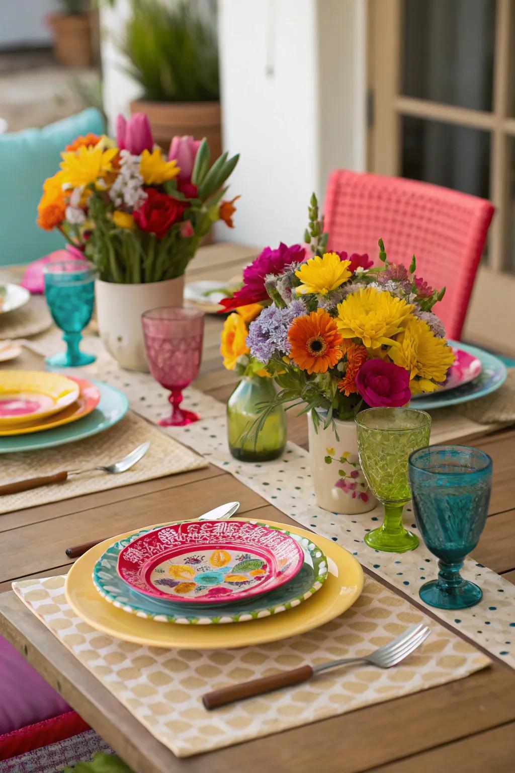 A dining table featuring vibrant tableware and themed centerpieces.