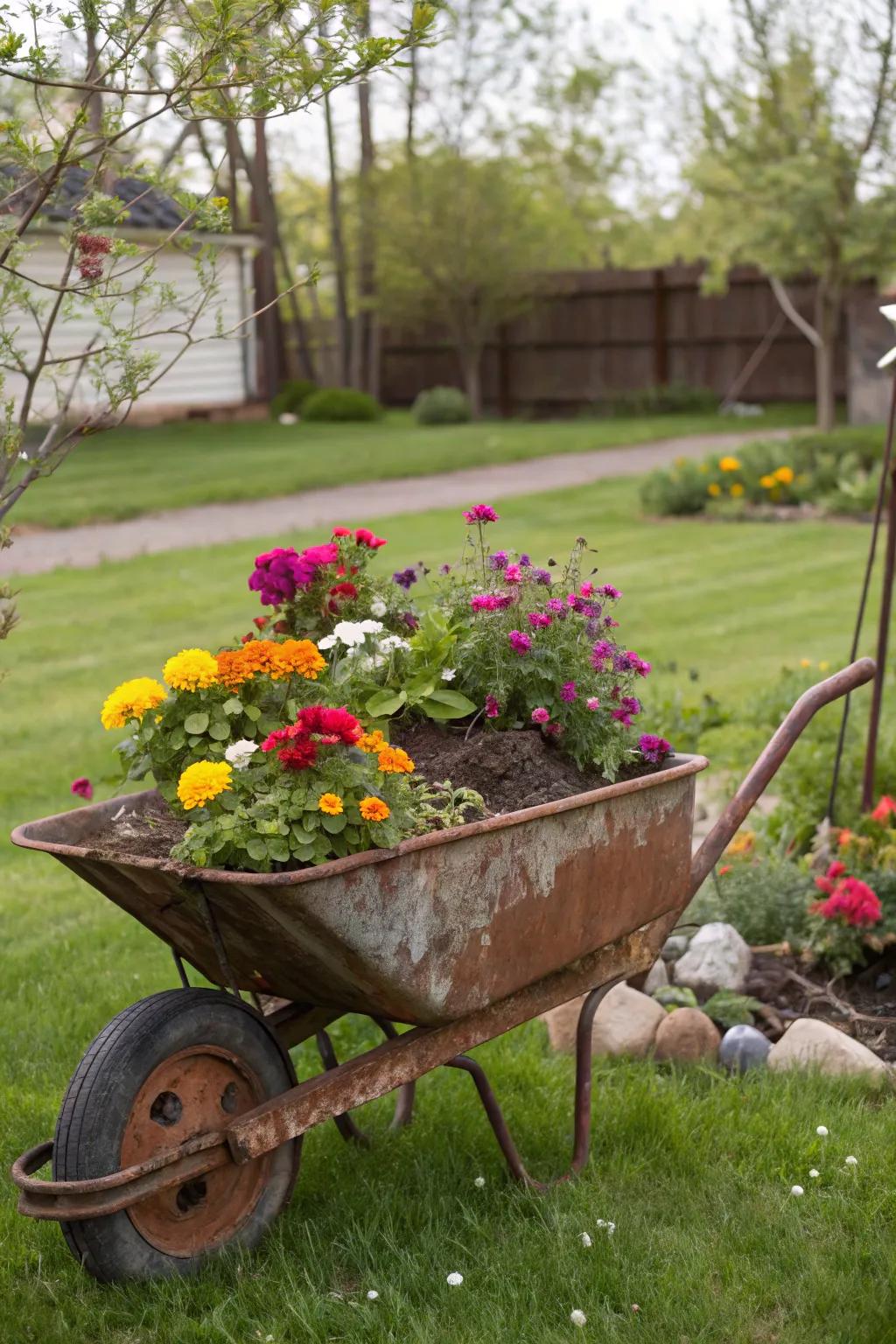 A cart planter showcasing vibrant flowers