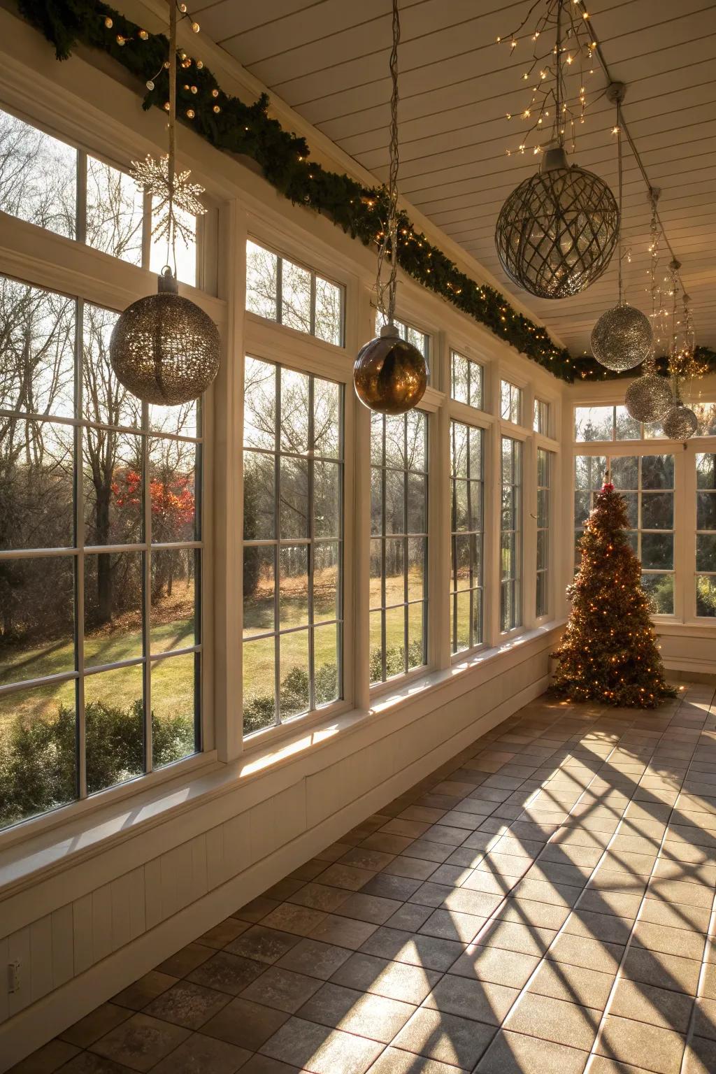 Hanging decorations add shimmer to your sunroom windows.