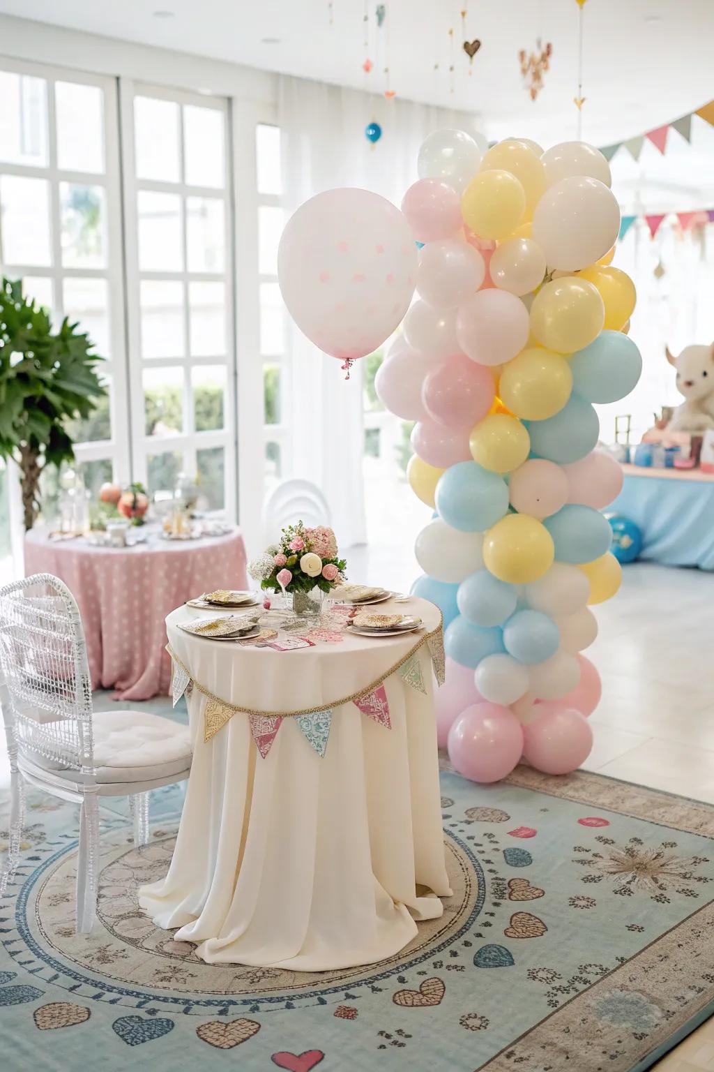 A whimsical sweetheart table showcasing a playful balloon arrangement.