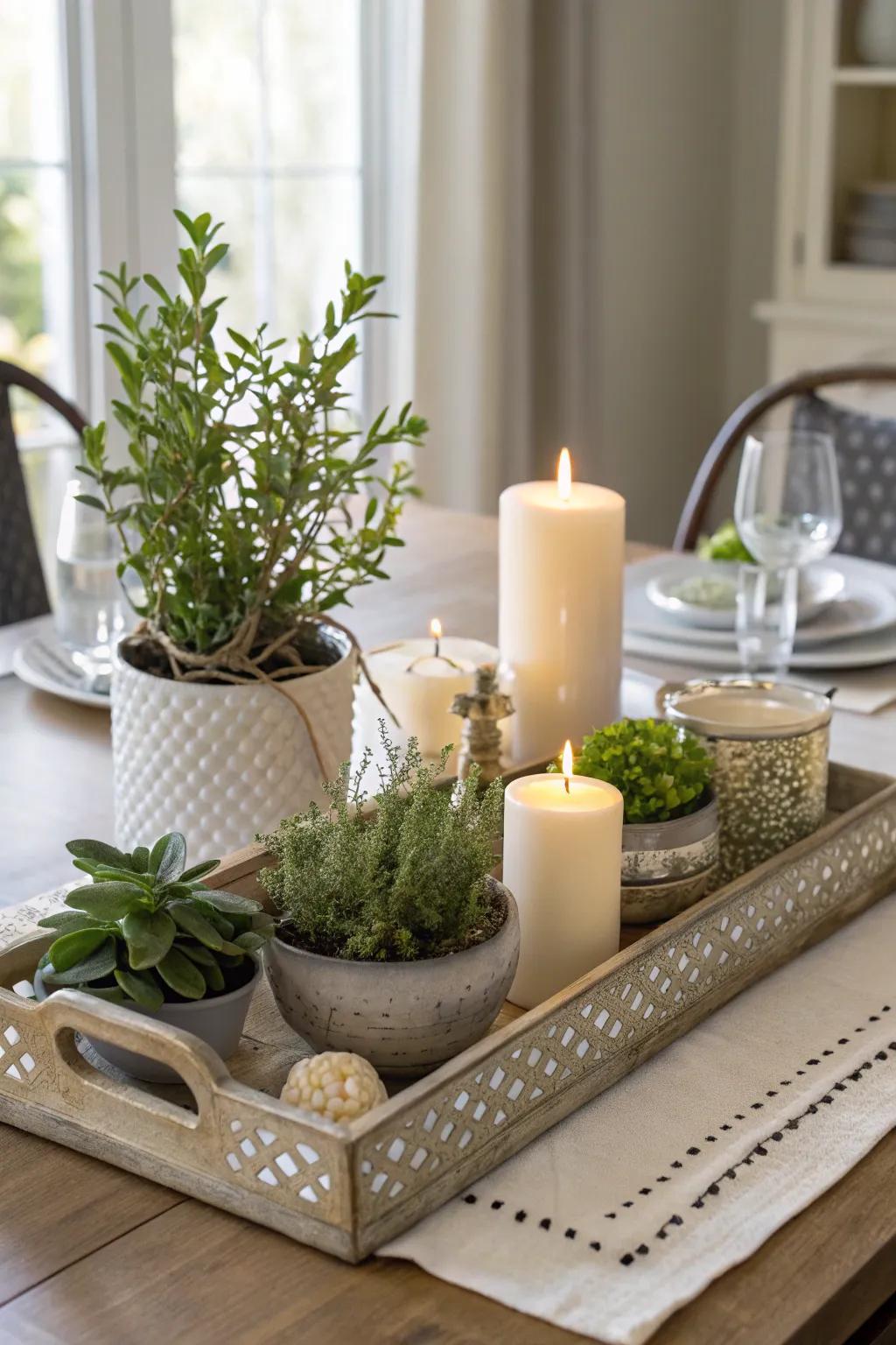 A chic and versatile plateau display as a centerpiece.