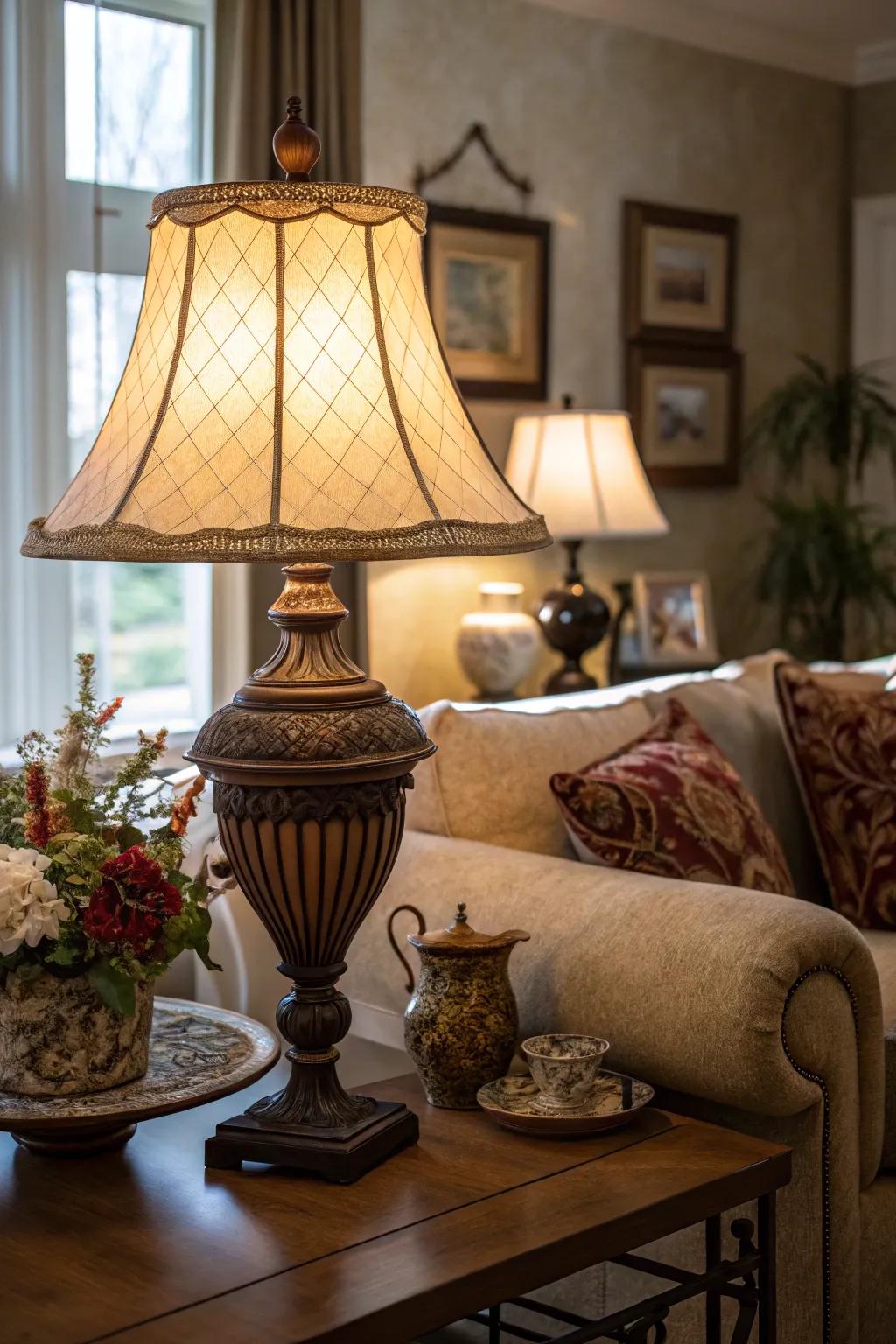 A table lamp emitting a warm light creates a cozy ambiance in a living room.