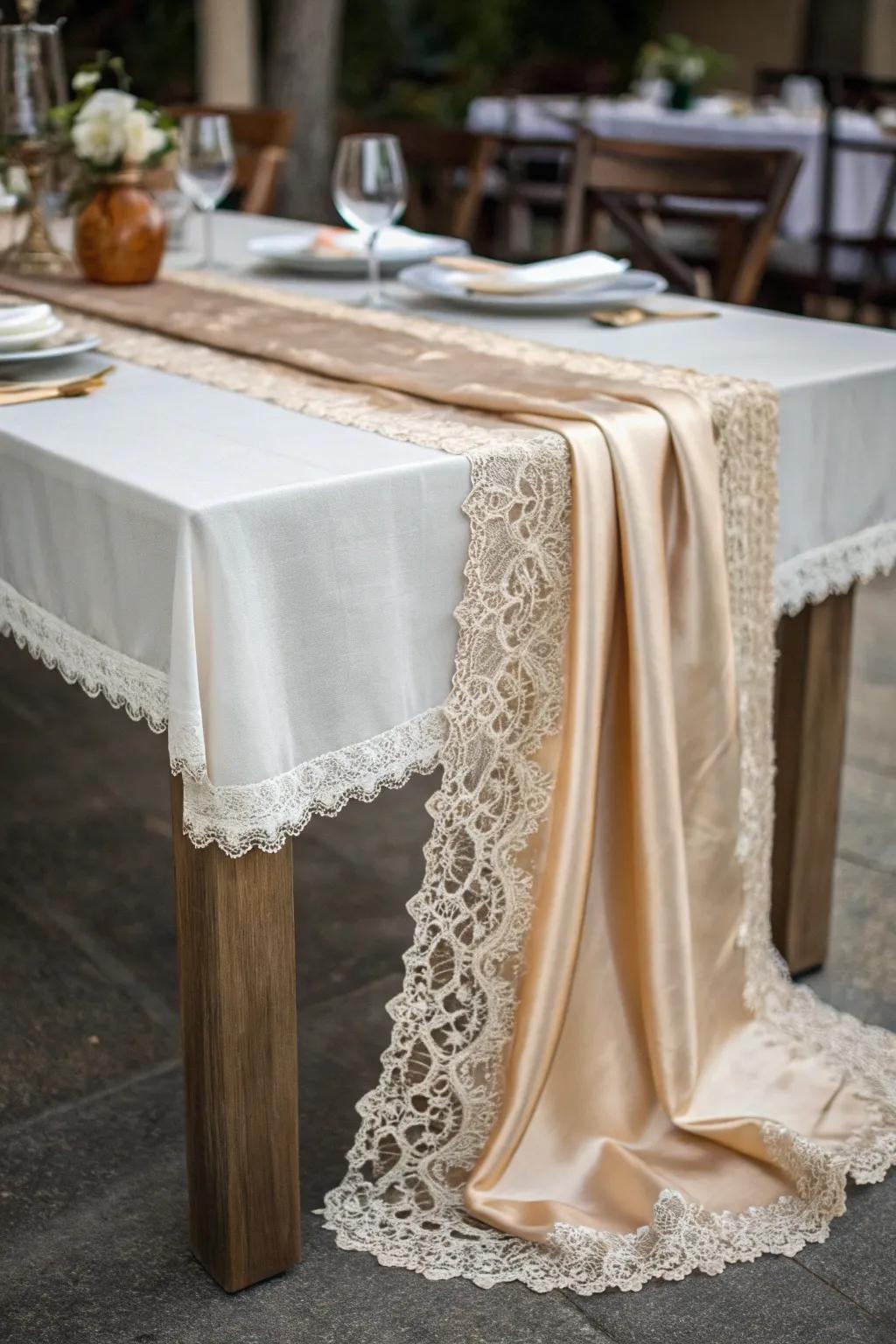 A textured table runner mixing various textiles for a luxurious feel.