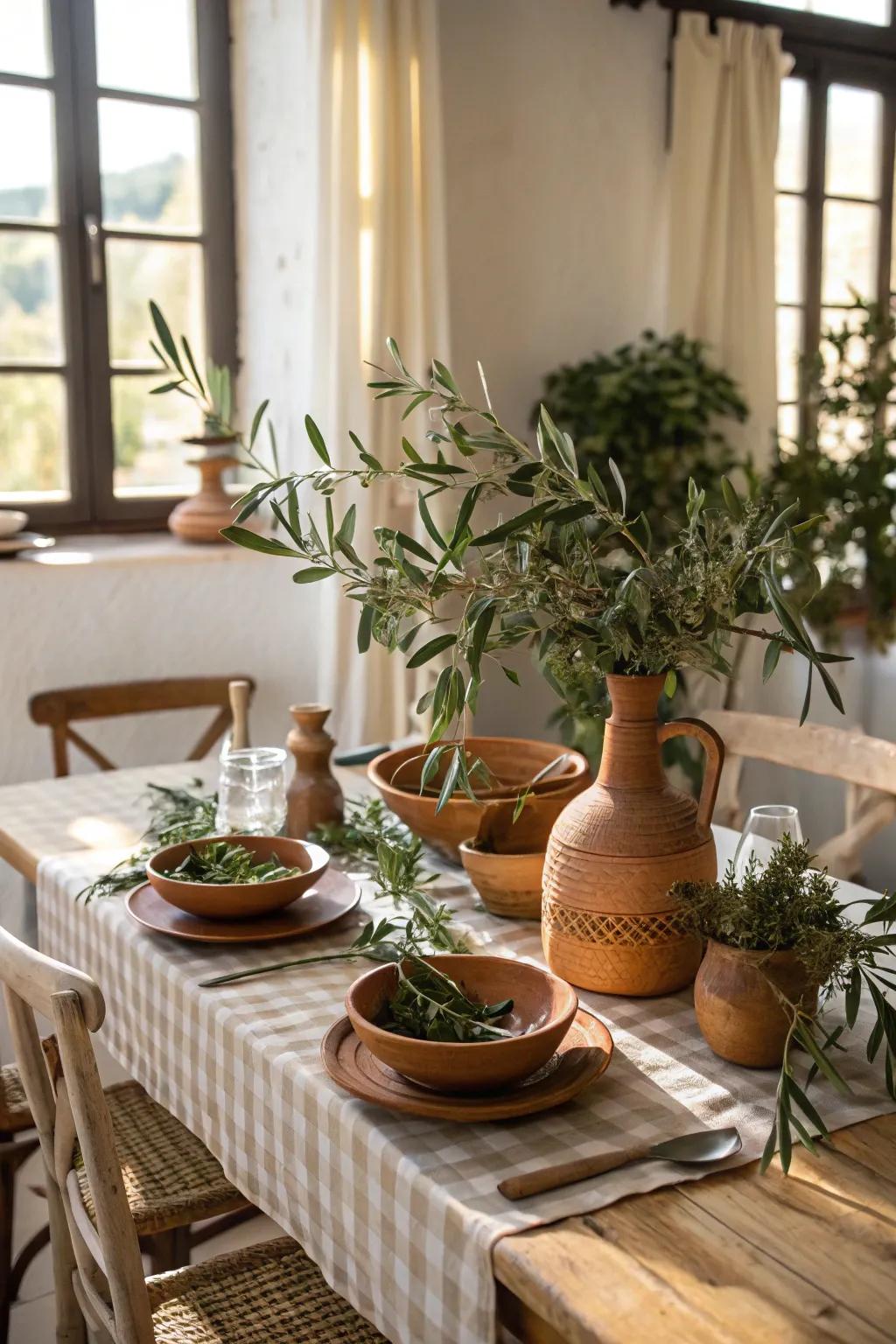 A Mediterranean-themed table arrangement featuring organic components.