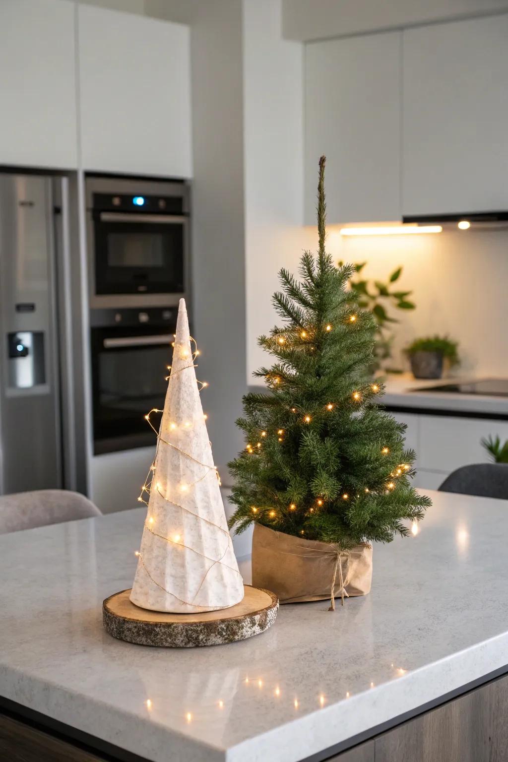 A sleek, minimalist cone-shaped tabletop Christmas tree exudes modern elegance.