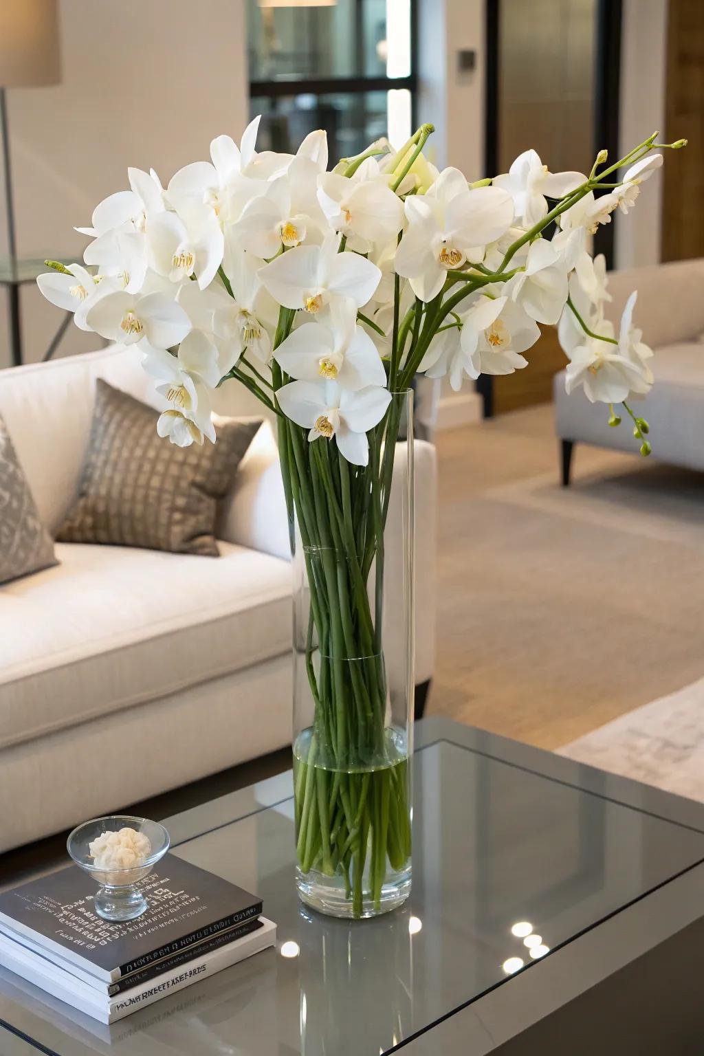 A tall glass vase showcasing elegant orchids, adding a luxurious feature to a contemporary coffee table.