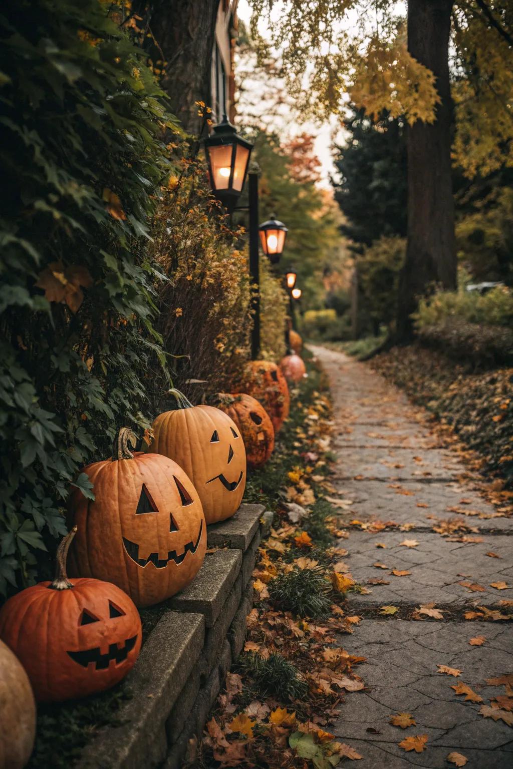 Border your walkway with a hamlet of tall pumpkins for an inviting autumn atmosphere.