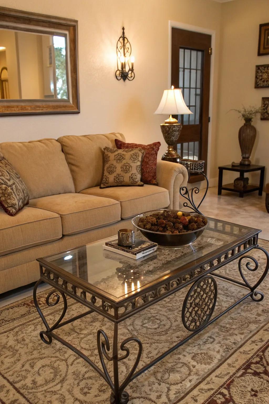 Varied materials enrich the depth and allure of a beige sofa arrangement.
