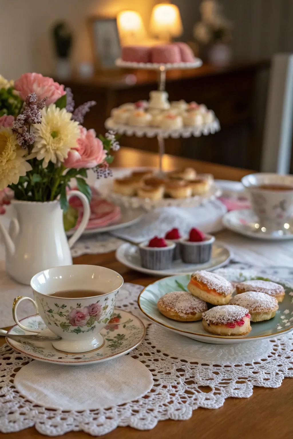 Delicate doilies contribute a vintage flair to the table decor.
