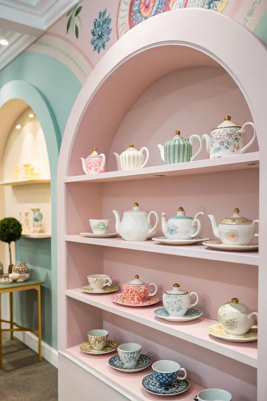 A tea set used as decorative art on open shelving.
