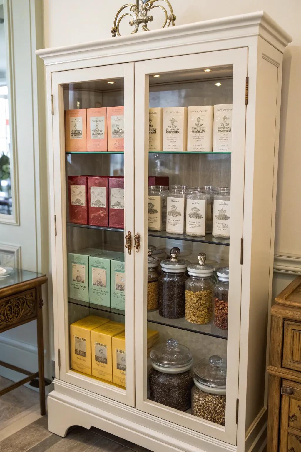 A fashionable cabinet exhibiting a tea assortment.