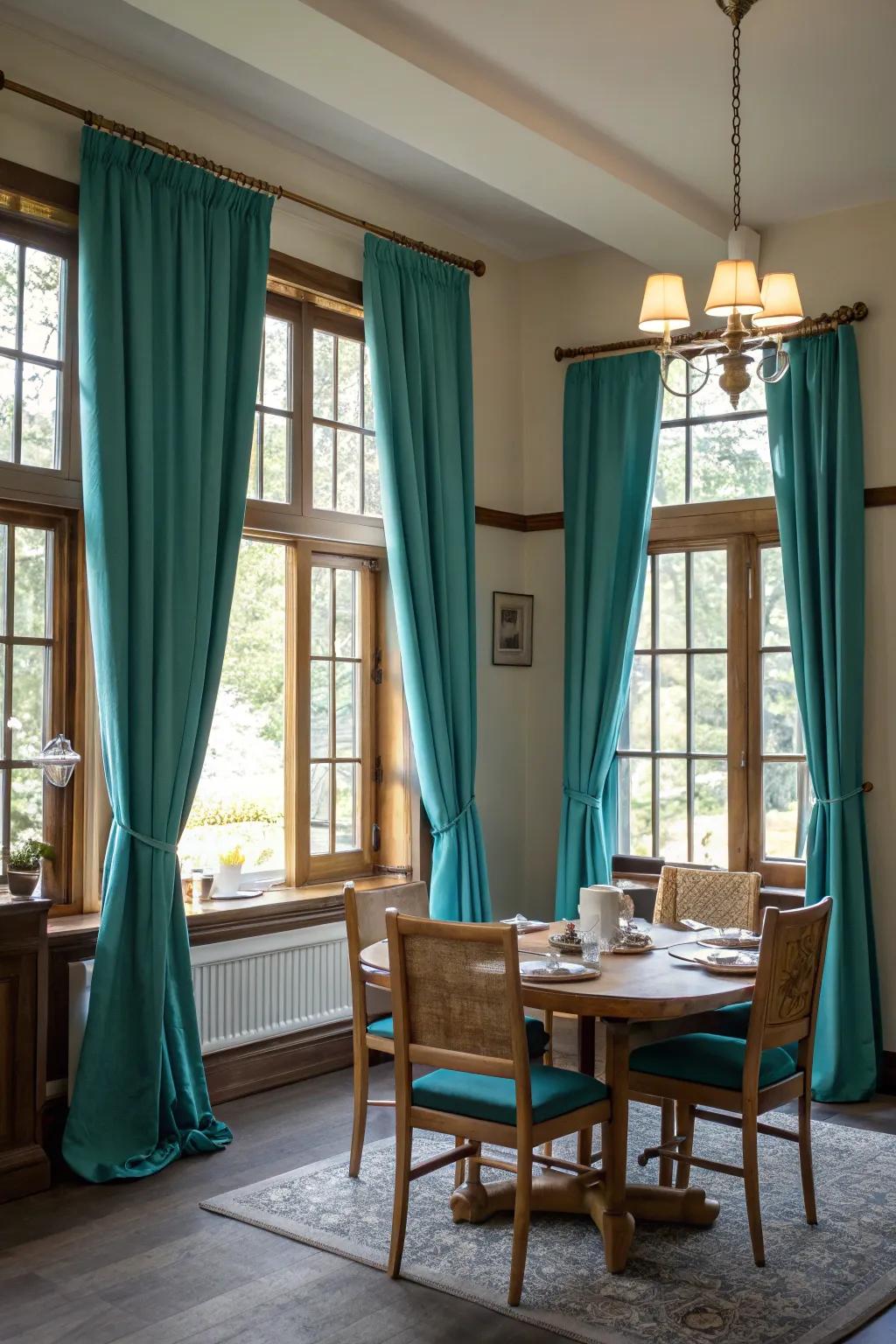 Teal curtains add elegance and color to the room