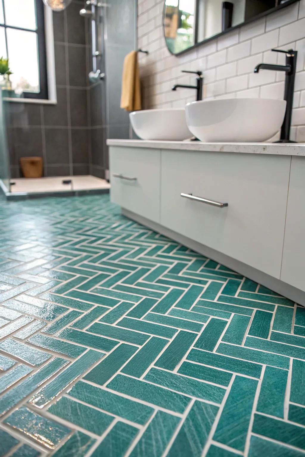 Turquoise tile flooring can be a bold statement piece in your bathroom.