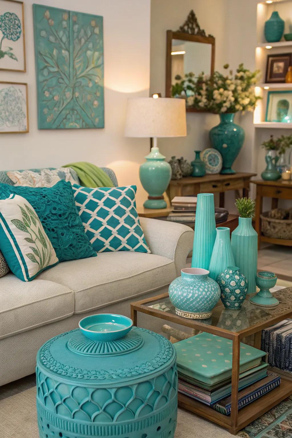 Unique teal and turquoise accessories introduce a distinctive flair.