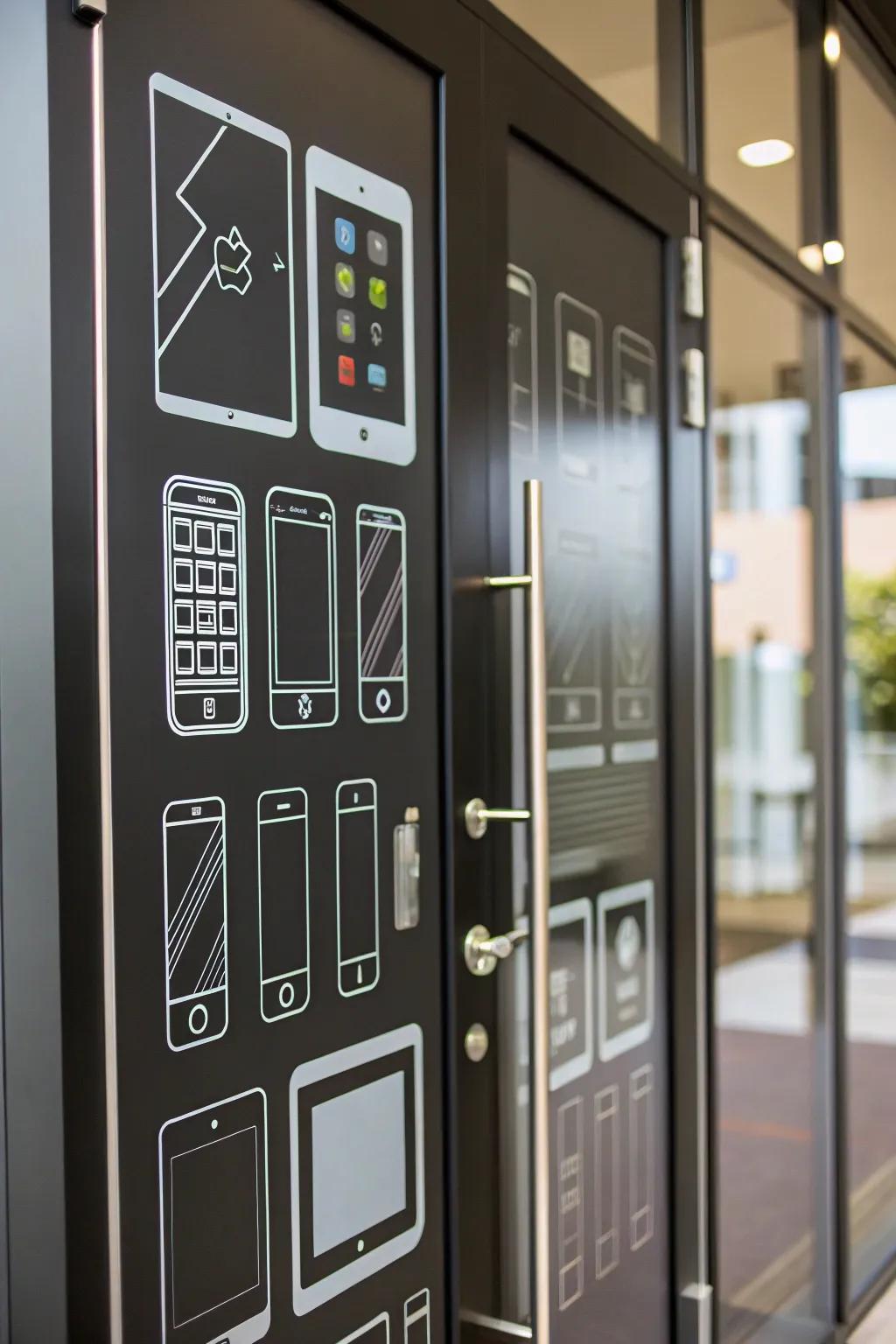 A door design showcasing images of modern tech devices.