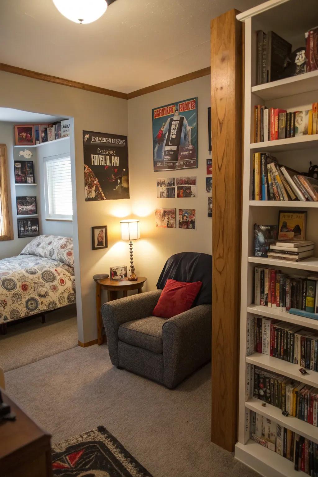 A cozy reading nook in a teen boy's room, perfect for quiet moments.