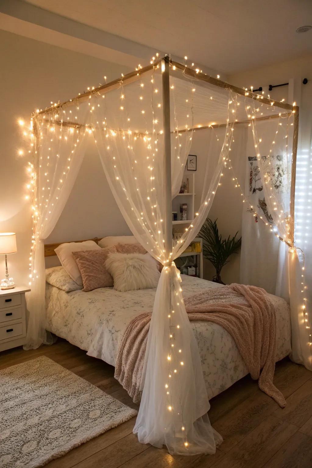 Delicate lights conjure a dreamy and serene atmosphere.