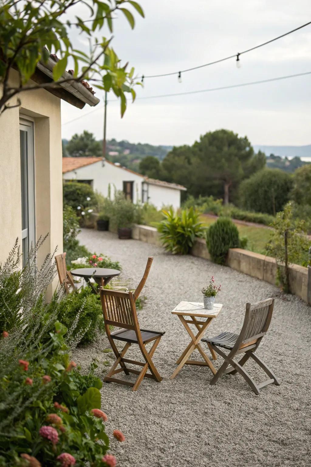 Crushed stone areas provide a relaxed, informal feel to your terrace.
