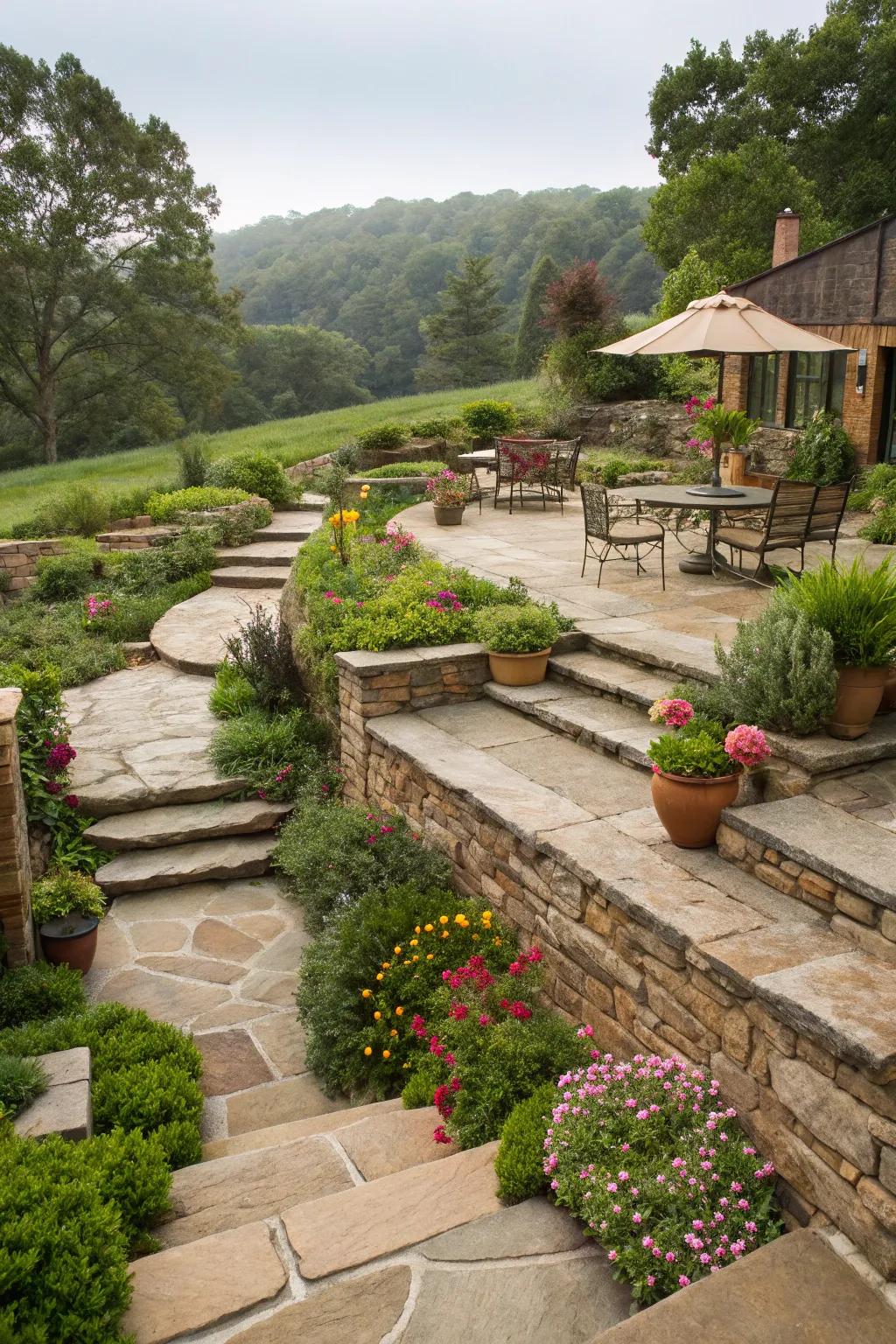 Stone pathways and patio areas in a terraced garden, providing structure and flow.