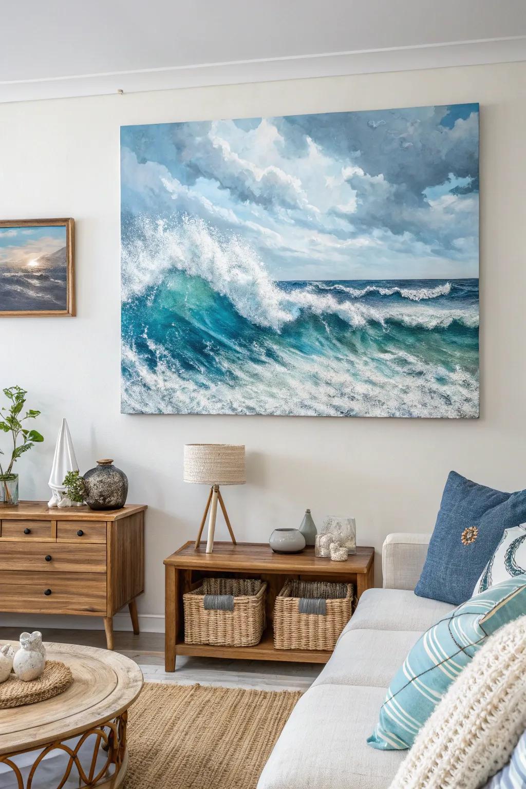 A textured seascape painting delivers the soothing essence of the ocean into this seaside living area.